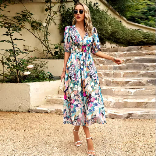 Summer V-neck Printed Beach Dresses For Women