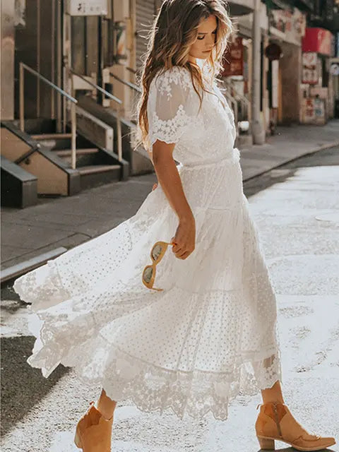 Openwork  Lace Long Dress - White