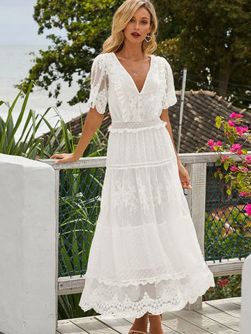 Openwork  Lace Long Dress - White